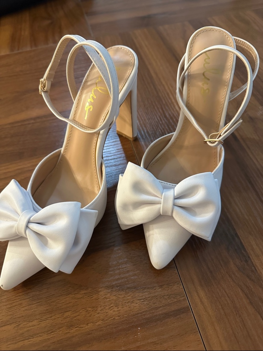Lulu's White Pointed-Toe Bow Ankle-Strap Heels